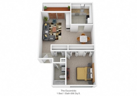 Floor plan for 1 bed, 1 bath, 696 sqft
